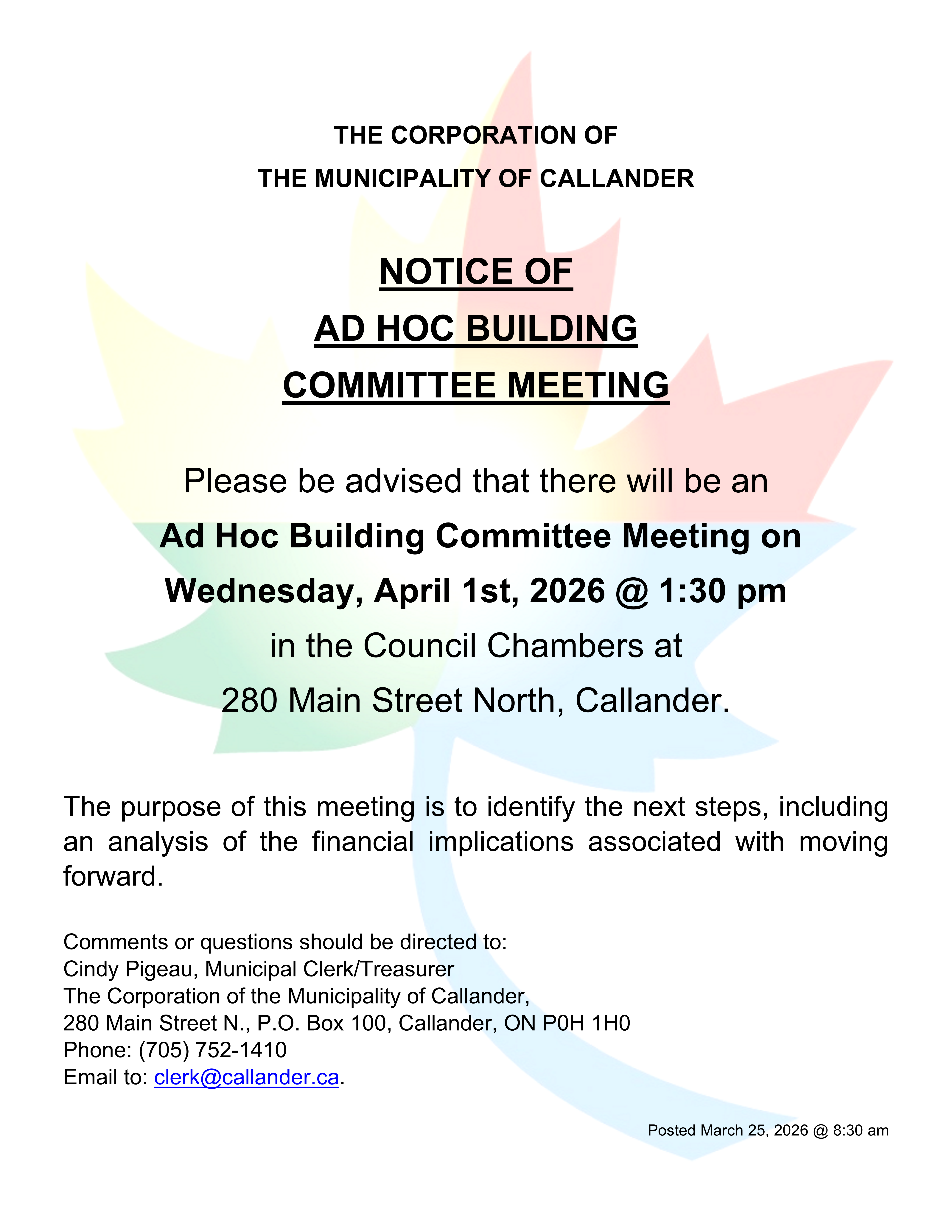 Notice of Ad Hoc Building Committee Meeting